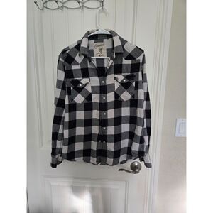 Coastal Women’s Flannel Shirt Size L Black White Buffalo Plaid Pearl Snap